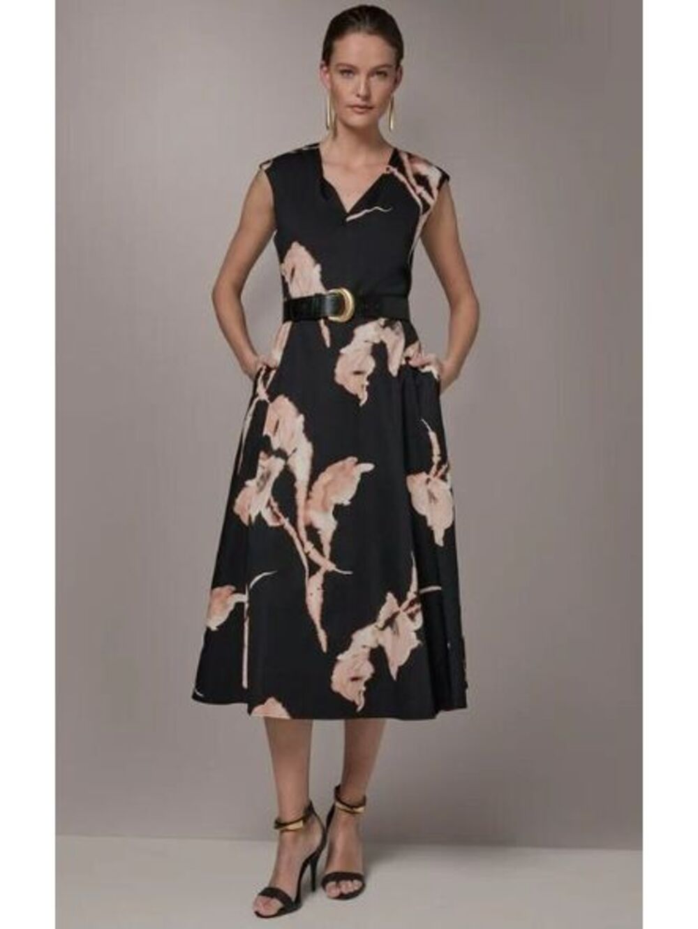 Donna Karan Black Floral Cotton Sateen Midi Dress Women Size 12